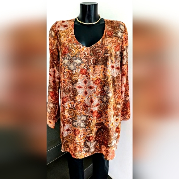Hippie Printed Orange Brown Long Flowy Flare Sleeves Blouse From Germany 42 - Picture 1 of 4